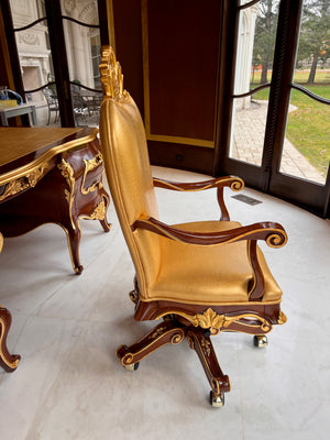 'Modenese Gastone Luxury Interiors' Baroque Leather Office Chair, Walnut Finish with Gold Leaf Details, Made in Italy (*retail $10,000)