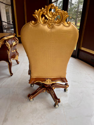 'Modenese Gastone Luxury Interiors' Baroque Leather Office Chair, Walnut Finish with Gold Leaf Details, Made in Italy (*retail $10,000)