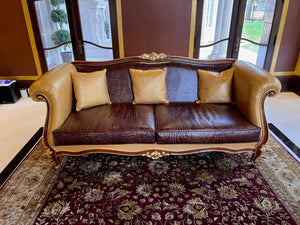 'Modenese Gastone Luxury Interiors' Baroque Leather Sofas, Walnut Finish with Gold Leaf Details, Made in Italy (*2 available- sold individually- select quantity) (*retail $19,000 each)