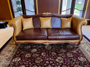 'Modenese Gastone Luxury Interiors' Baroque Leather Sofas, Walnut Finish with Gold Leaf Details, Made in Italy (*2 available- sold individually- select quantity) (*retail $19,000 each)