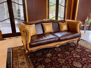 'Modenese Gastone Luxury Interiors' Baroque Leather Sofas, Walnut Finish with Gold Leaf Details, Made in Italy (*2 available- sold individually- select quantity) (*retail $19,000 each)