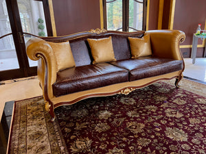 'Modenese Gastone Luxury Interiors' Baroque Leather Sofas, Walnut Finish with Gold Leaf Details, Made in Italy (*2 available- sold individually- select quantity) (*retail $19,000 each)