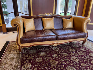 'Modenese Gastone Luxury Interiors' Baroque Leather Sofas, Walnut Finish with Gold Leaf Details, Made in Italy (*2 available- sold individually- select quantity) (*retail $19,000 each)