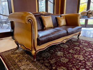 'Modenese Gastone Luxury Interiors' Baroque Leather Sofas, Walnut Finish with Gold Leaf Details, Made in Italy (*2 available- sold individually- select quantity) (*retail $19,000 each)