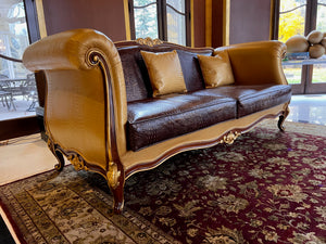 'Modenese Gastone Luxury Interiors' Baroque Leather Sofas, Walnut Finish with Gold Leaf Details, Made in Italy (*2 available- sold individually- select quantity) (*retail $19,000 each)