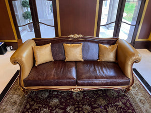 'Modenese Gastone Luxury Interiors' Baroque Leather Sofas, Walnut Finish with Gold Leaf Details, Made in Italy (*2 available- sold individually- select quantity) (*retail $19,000 each)