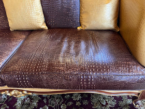 'Modenese Gastone Luxury Interiors' Baroque Leather Sofas, Walnut Finish with Gold Leaf Details, Made in Italy (*2 available- sold individually- select quantity) (*retail $19,000 each)