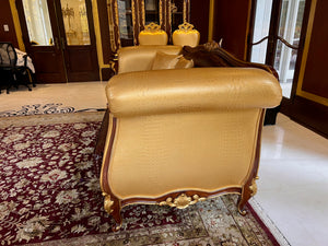 'Modenese Gastone Luxury Interiors' Baroque Leather Sofas, Walnut Finish with Gold Leaf Details, Made in Italy (*2 available- sold individually- select quantity) (*retail $19,000 each)