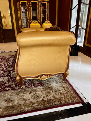 'Modenese Gastone Luxury Interiors' Baroque Leather Sofas, Walnut Finish with Gold Leaf Details, Made in Italy (*2 available- sold individually- select quantity) (*retail $19,000 each)