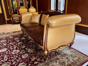 'Modenese Gastone Luxury Interiors' Baroque Leather Sofas, Walnut Finish with Gold Leaf Details, Made in Italy (*2 available- sold individually- select quantity) (*retail $19,000 each)