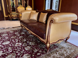 'Modenese Gastone Luxury Interiors' Baroque Leather Sofas, Walnut Finish with Gold Leaf Details, Made in Italy (*2 available- sold individually- select quantity) (*retail $19,000 each)