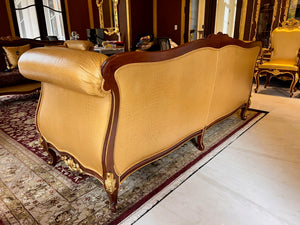 'Modenese Gastone Luxury Interiors' Baroque Leather Sofas, Walnut Finish with Gold Leaf Details, Made in Italy (*2 available- sold individually- select quantity) (*retail $19,000 each)