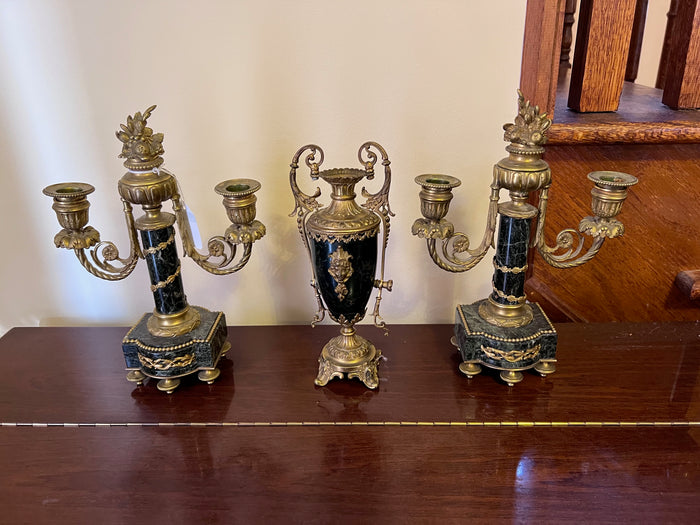 3 Piece Marble and Brass French Candle Holders