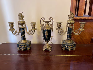 3 Piece Marble and Brass French Candle Holders