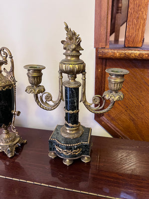 3 Piece Marble and Brass French Candle Holders