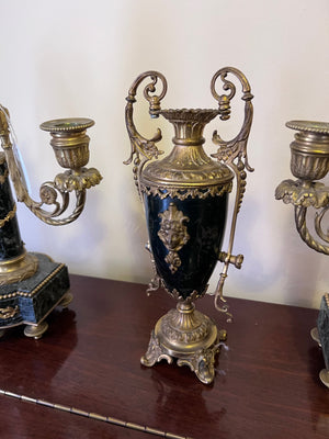 3 Piece Marble and Brass French Candle Holders