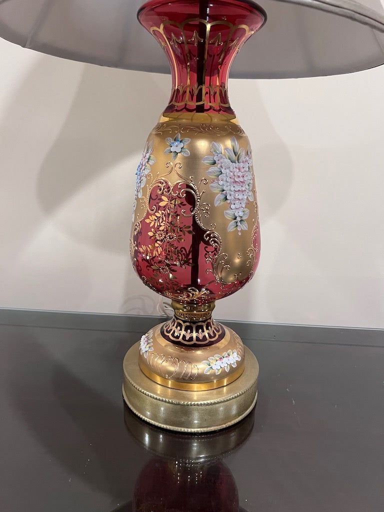 VTG Bohemian Glass Table Lamp Red Crystal Cut To Clear, Brass Base, 34”  Tall