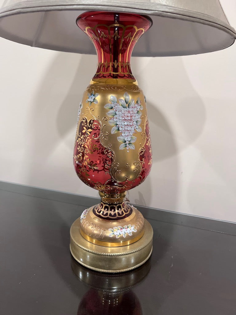 VTG Bohemian Glass Table Lamp Red Crystal Cut To Clear, Brass Base, 34”  Tall