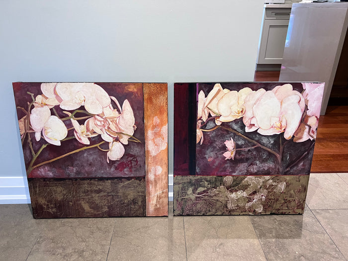 White Orchid Bloom #1 & White Orchid Bloom #2 Oil on Board by Matina Theodosiou-- Gallery Tag Included (*retail $2,200)