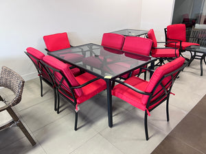 Dining Table + 6 Chairs, Red Cushions