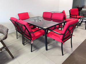 Dining Table + 6 Chairs, Red Cushions