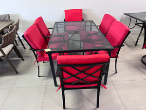 Dining Table + 6 Chairs, Red Cushions