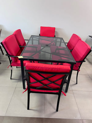 Dining Table + 6 Chairs, Red Cushions