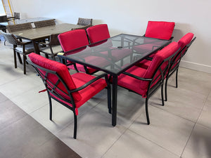 Dining Table + 6 Chairs, Red Cushions