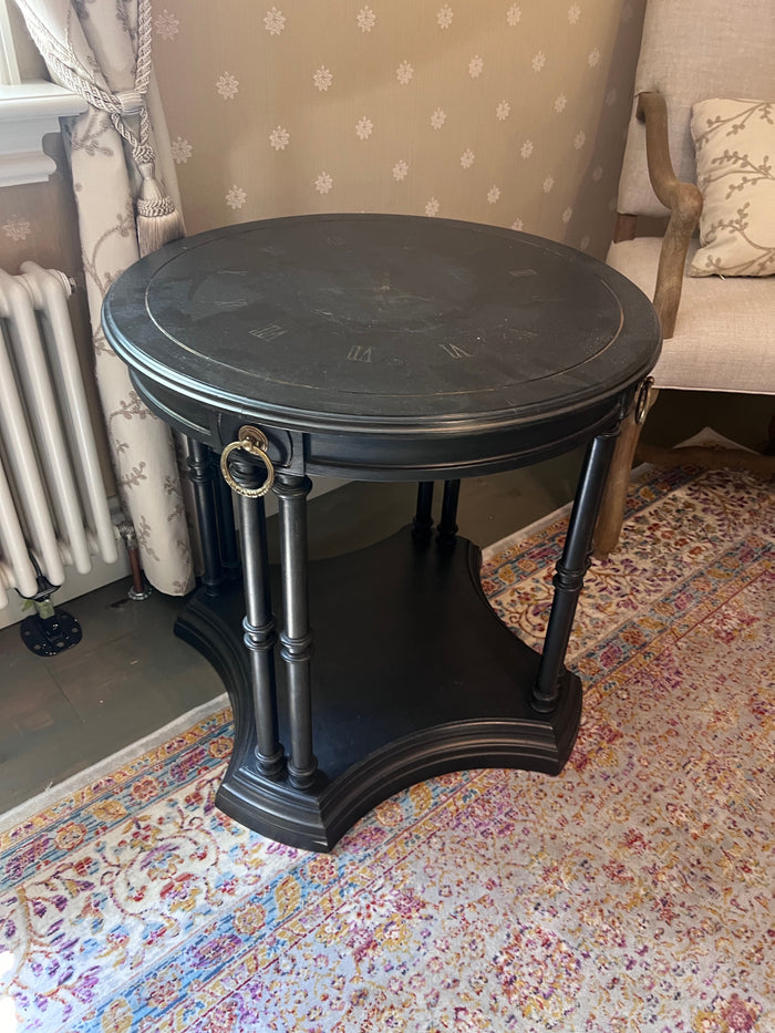 Black Round Accent Table with Paris 1889 Clock Inlay