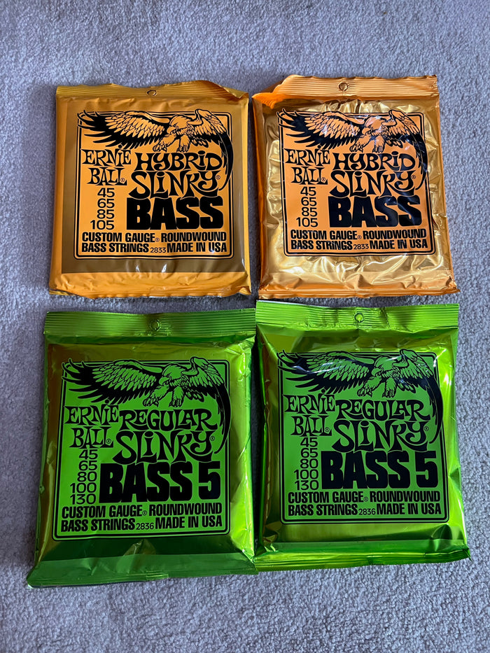 BRAND NEW; 2 EBMM Hybrid Slinky Bass Strings + 2 EBMM Regular Slinky Bass 5 Strings (*retail $124)