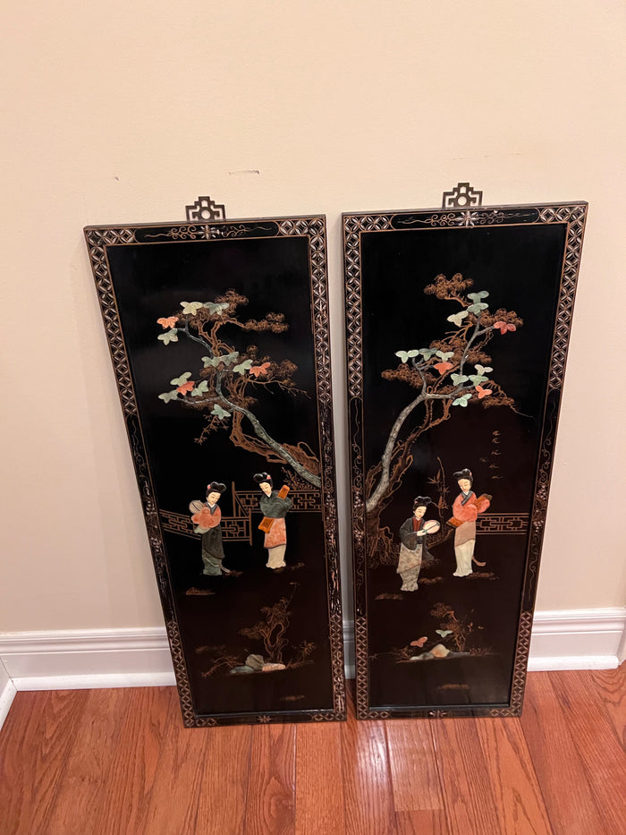 2 Black Lacquered Oriental Wall Panels