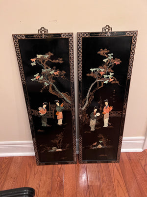 2 Black Lacquered Oriental Wall Panels