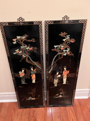 2 Black Lacquered Oriental Wall Panels