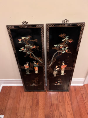 2 Black Lacquered Oriental Wall Panels