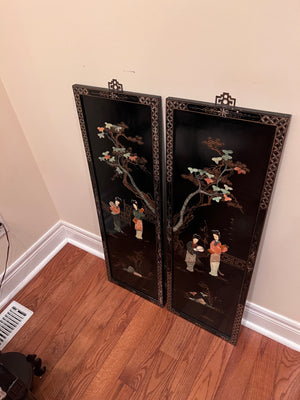 2 Black Lacquered Oriental Wall Panels