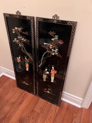 2 Black Lacquered Oriental Wall Panels