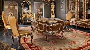 'Modenese Gastone Luxury Interiors' Baroque Desk 11302, Walnut Finish with Gold Leaf Details and Genuine Leather Top, Made in Italy (*retail $60,000)