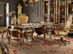 'Modenese Gastone Luxury Interiors' Baroque Desk 11302, Walnut Finish with Gold Leaf Details and Genuine Leather Top, Made in Italy (*retail $60,000)