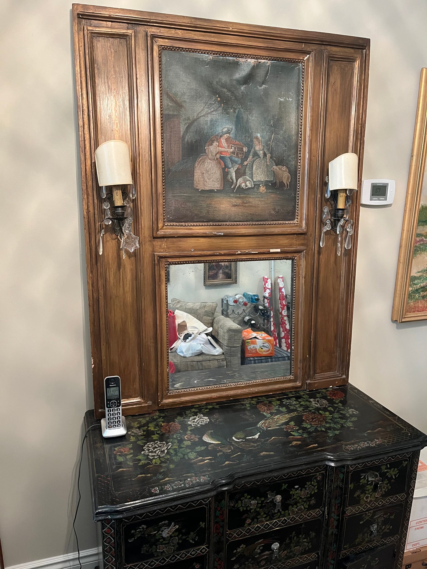 Antique Mirror with Painting and Sconces