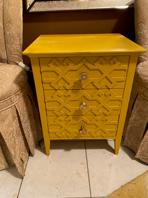 2 Bombay & Co Accent Chairs + Yellow 3 Drawer Table