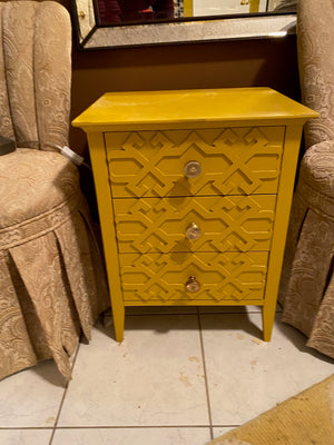 2 Bombay & Co Accent Chairs + Yellow 3 Drawer Table