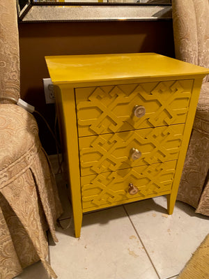 2 Bombay & Co Accent Chairs + Yellow 3 Drawer Table