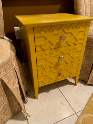 2 Bombay & Co Accent Chairs + Yellow 3 Drawer Table