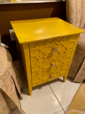 2 Bombay & Co Accent Chairs + Yellow 3 Drawer Table