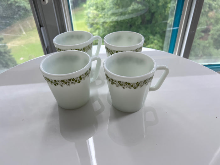 4 Vintage PYREX Milk Glass Mugs- No. 1410 Spring Blossom Green Crazy Daisy