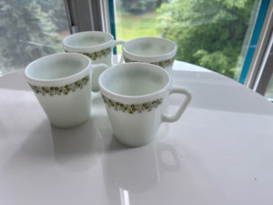 4 Vintage PYREX Milk Glass Mugs- No. 1410 Spring Blossom Green Crazy Daisy