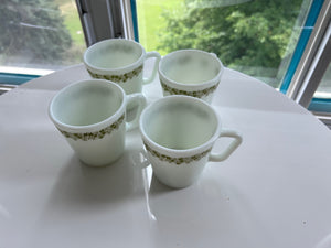 4 Vintage PYREX Milk Glass Mugs- No. 1410 Spring Blossom Green Crazy Daisy