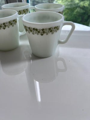 4 Vintage PYREX Milk Glass Mugs- No. 1410 Spring Blossom Green Crazy Daisy