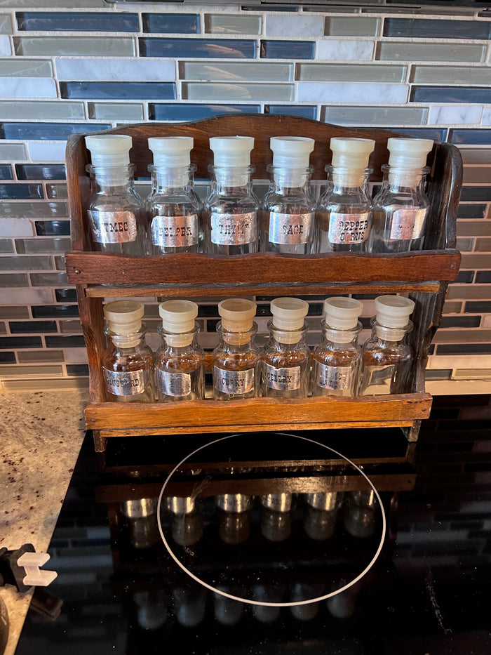 Vintage Spice Rack Glass Bottles Wood Rack