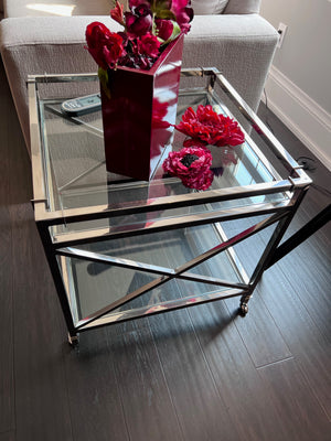 2-Tier Glass Side Table on Wheels
